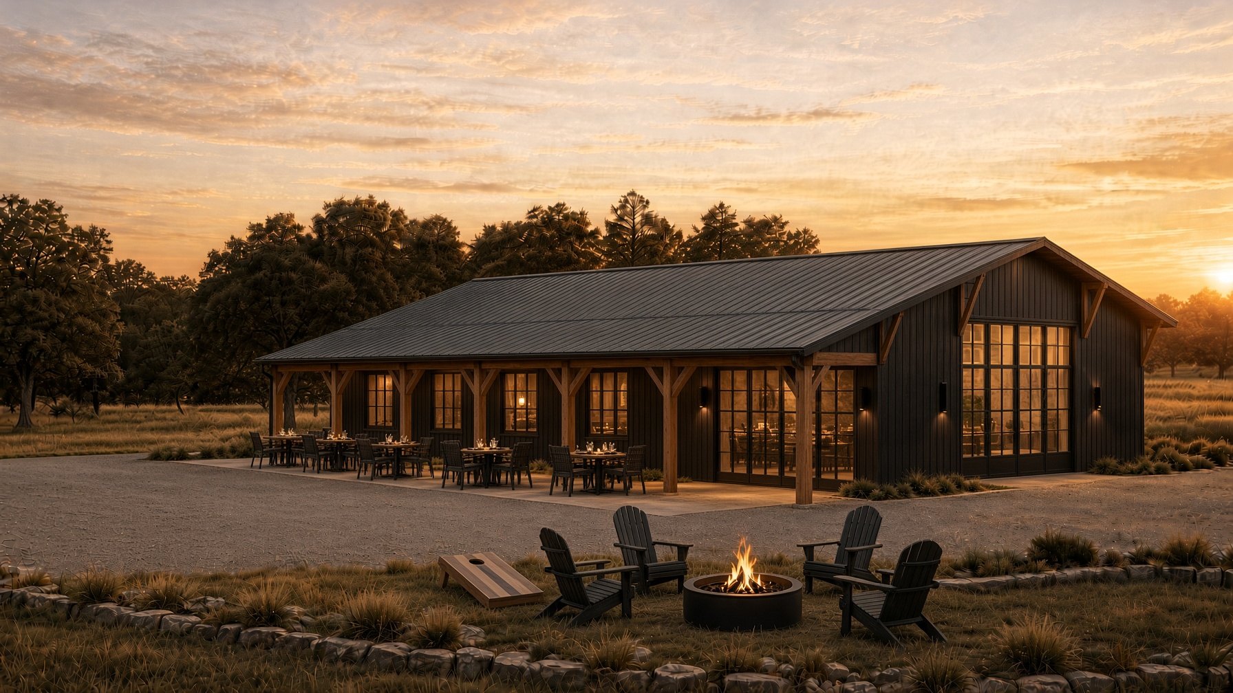 A smaller black barndo at sunset, with outdoor dining, black Adirondack chairs, and a black metal fire ring