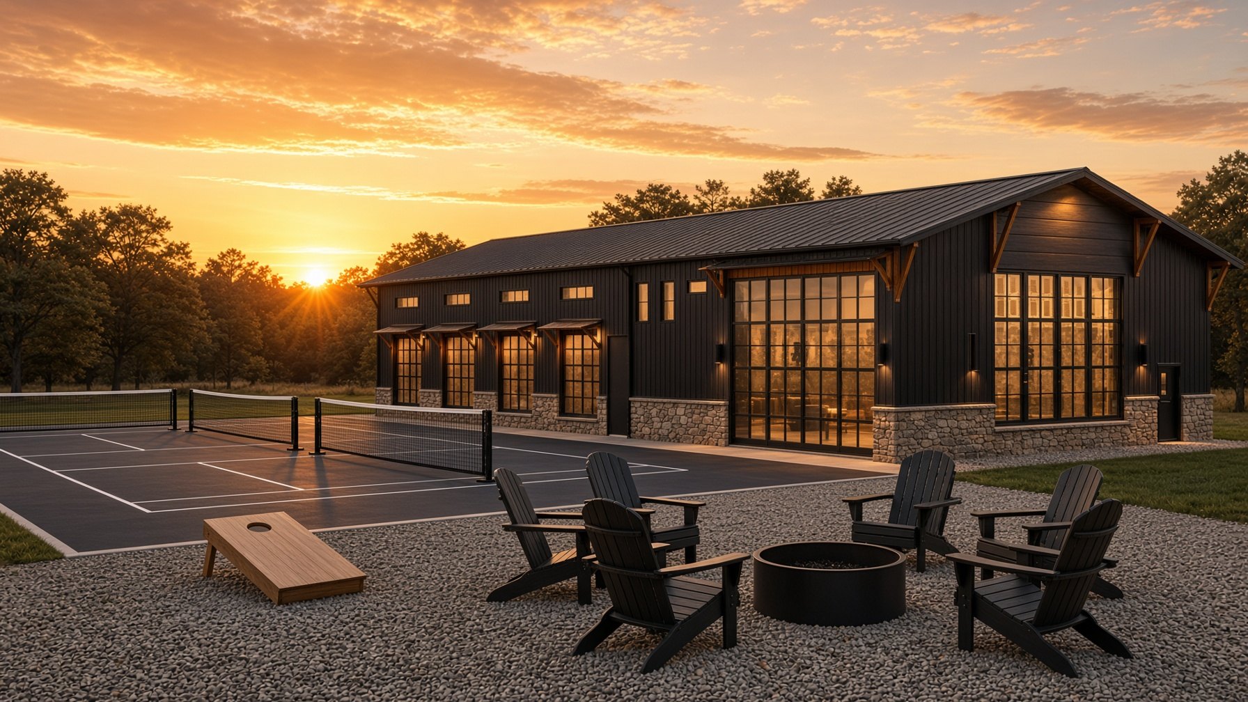 The Center Court barndo at sunset, with two outdoor pickleball courts, black Adirondack chairs, and black metal fire rings