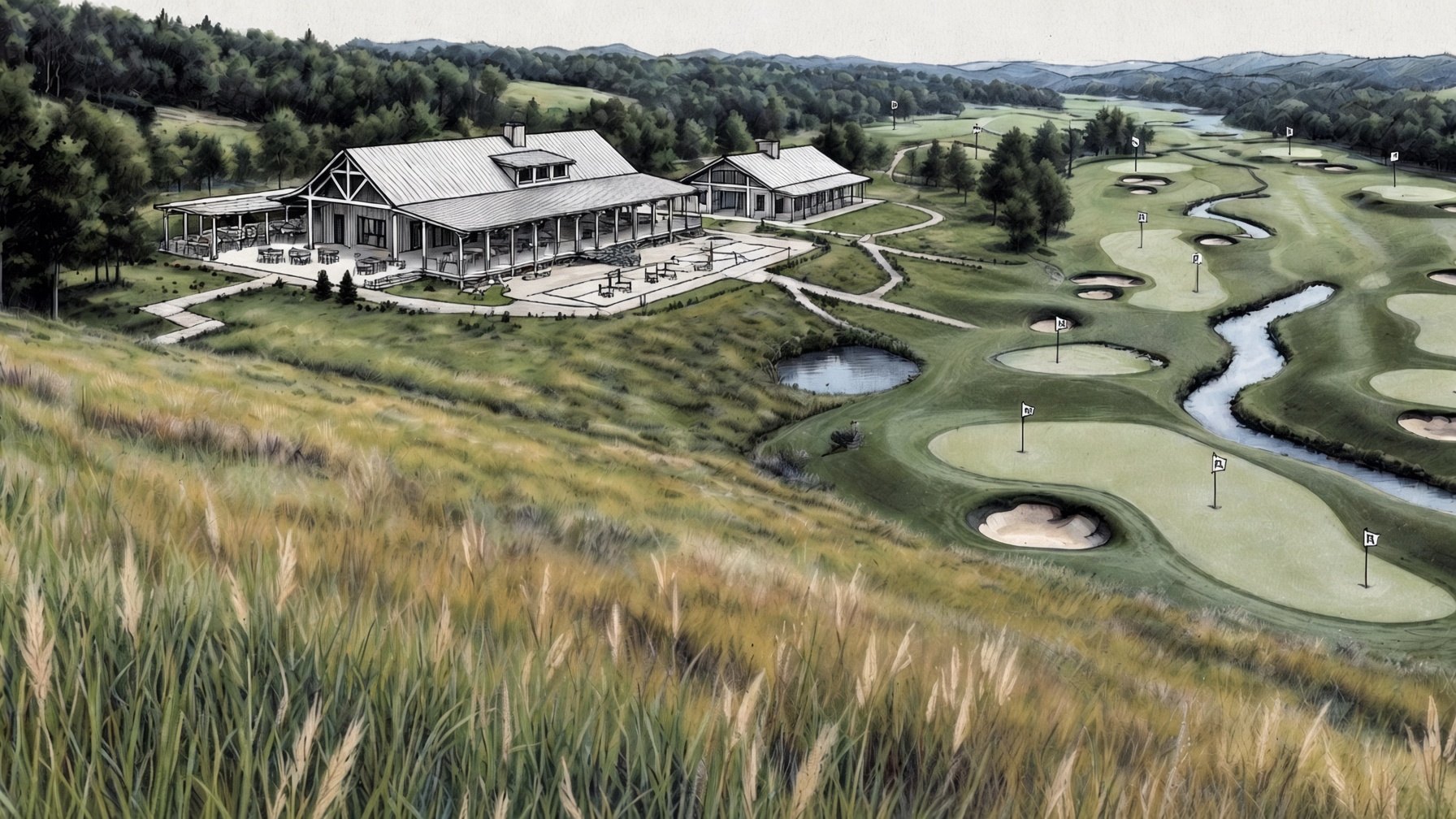 Concept rendering: a clubhouse with wraparound porch, modern cube cabins, a winding creek and nine greens set in rolling hills