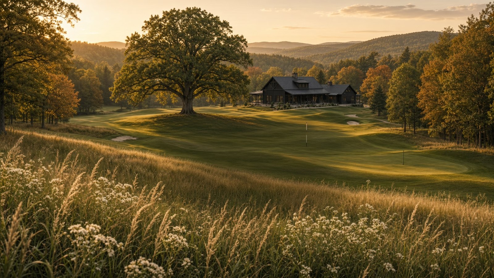 Golden evening on the course: an old oak, wildflowers in the foreground, and the dark timber barn beyond the green