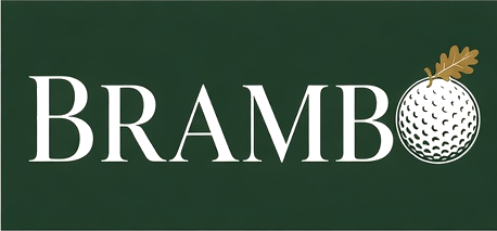 BRAMBO wordmark in cream on a forest field, the O a golf ball with an oak leaf