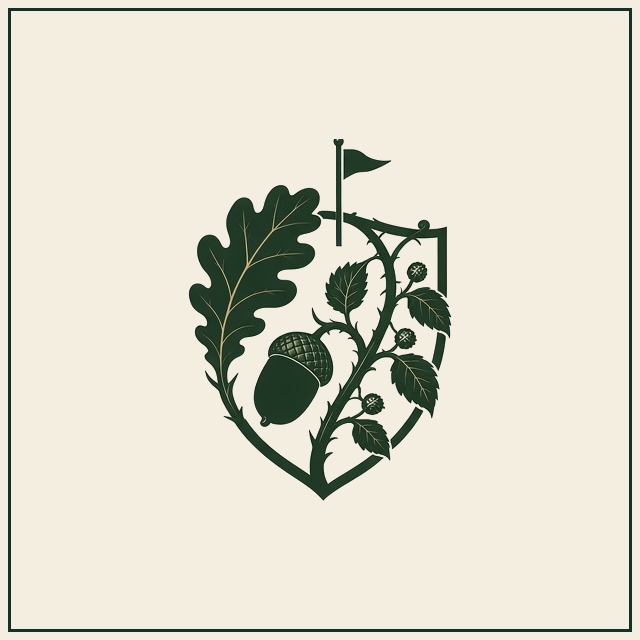 Shield crest of oak leaves, an acorn, bramble, and a pin flag