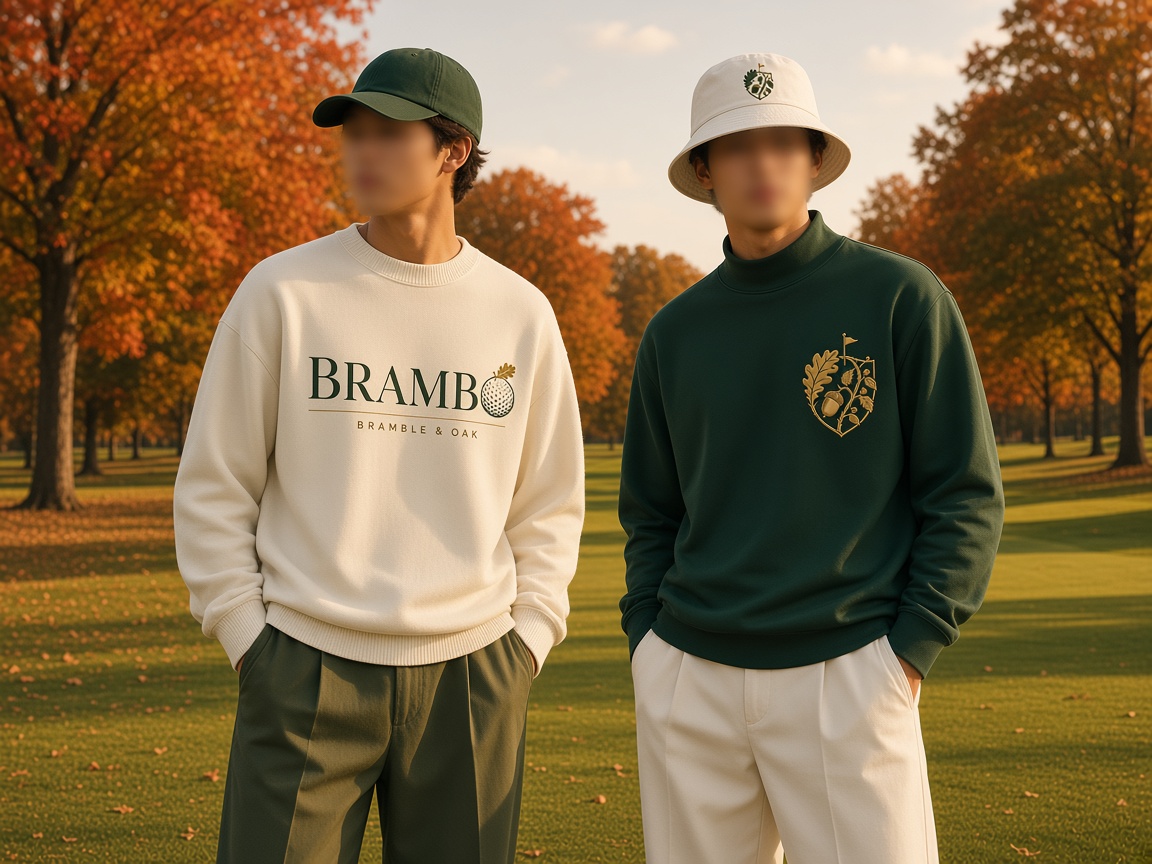 Cream BRAMBO sweatshirt and forest crest mockneck, worn on a fall fairway