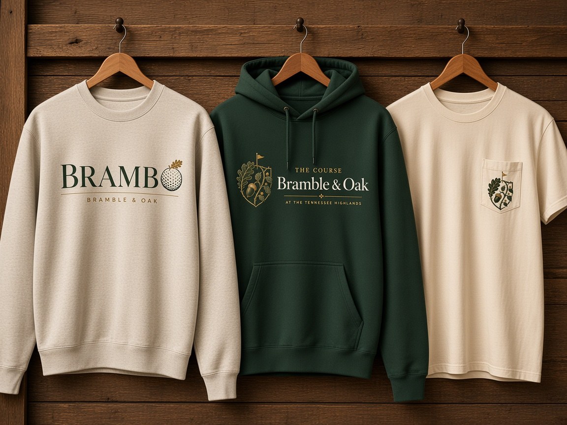 Cream BRAMBO sweatshirt, forest course hoodie, and cream pocket tee on wood hangers