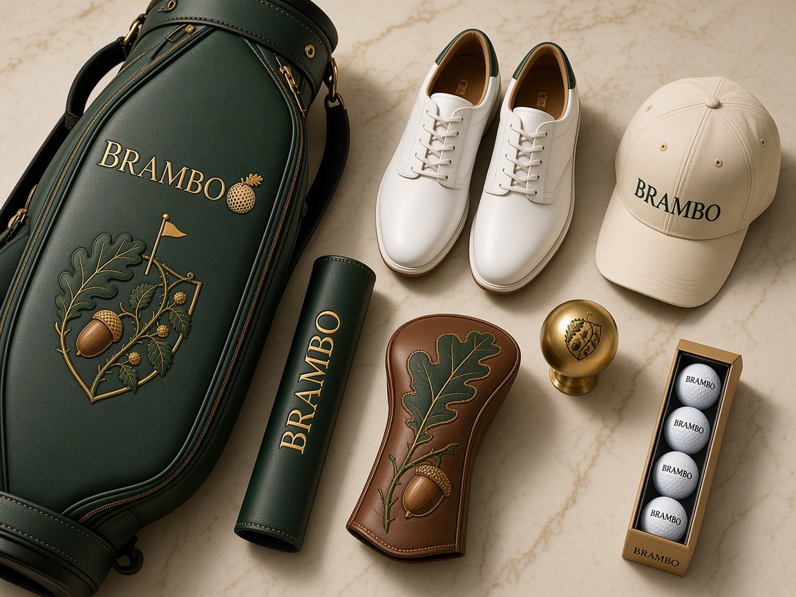 Forest staff bag with the crest, white shoes, cream cap, oak headcover, and a sleeve of BRAMBO balls