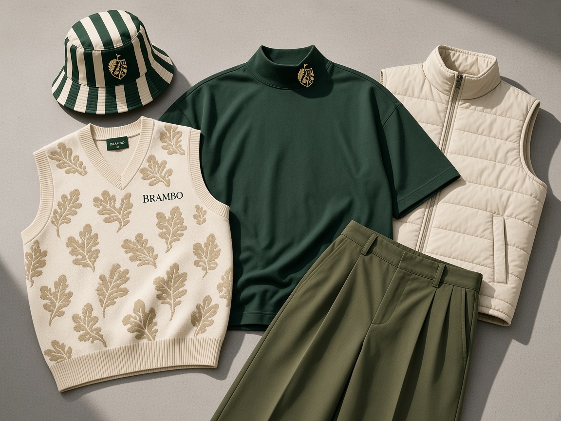 Striped bucket hat, oak-leaf sweater vest, forest mockneck, cream quilted vest, and olive trousers