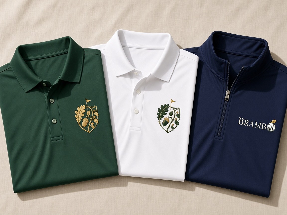 Forest polo with a gold crest, white polo with a forest crest, and a navy quarter-zip with the BRAMBO mark
