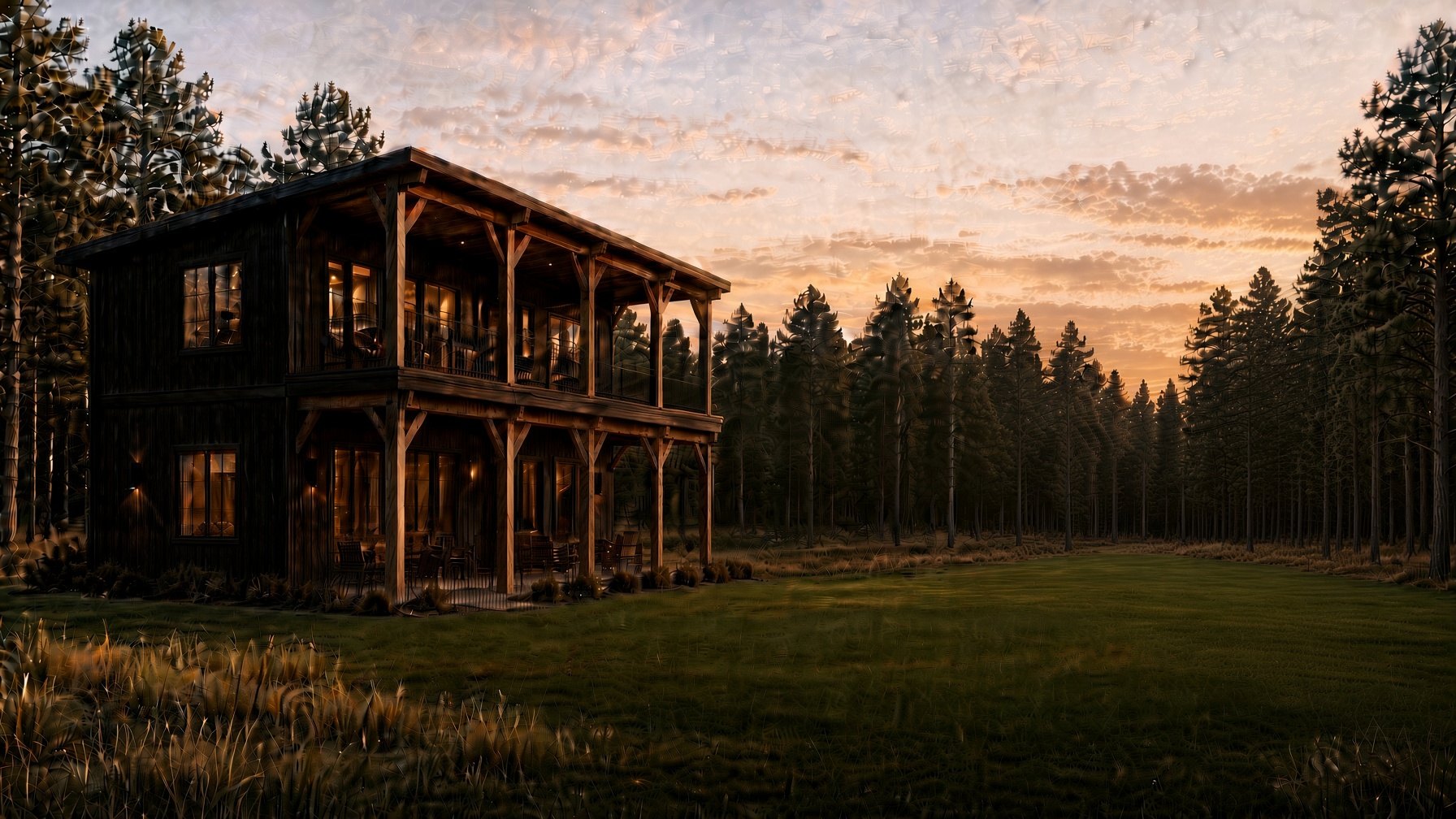 A two-level black barndo range looking out across the grass toward the pines