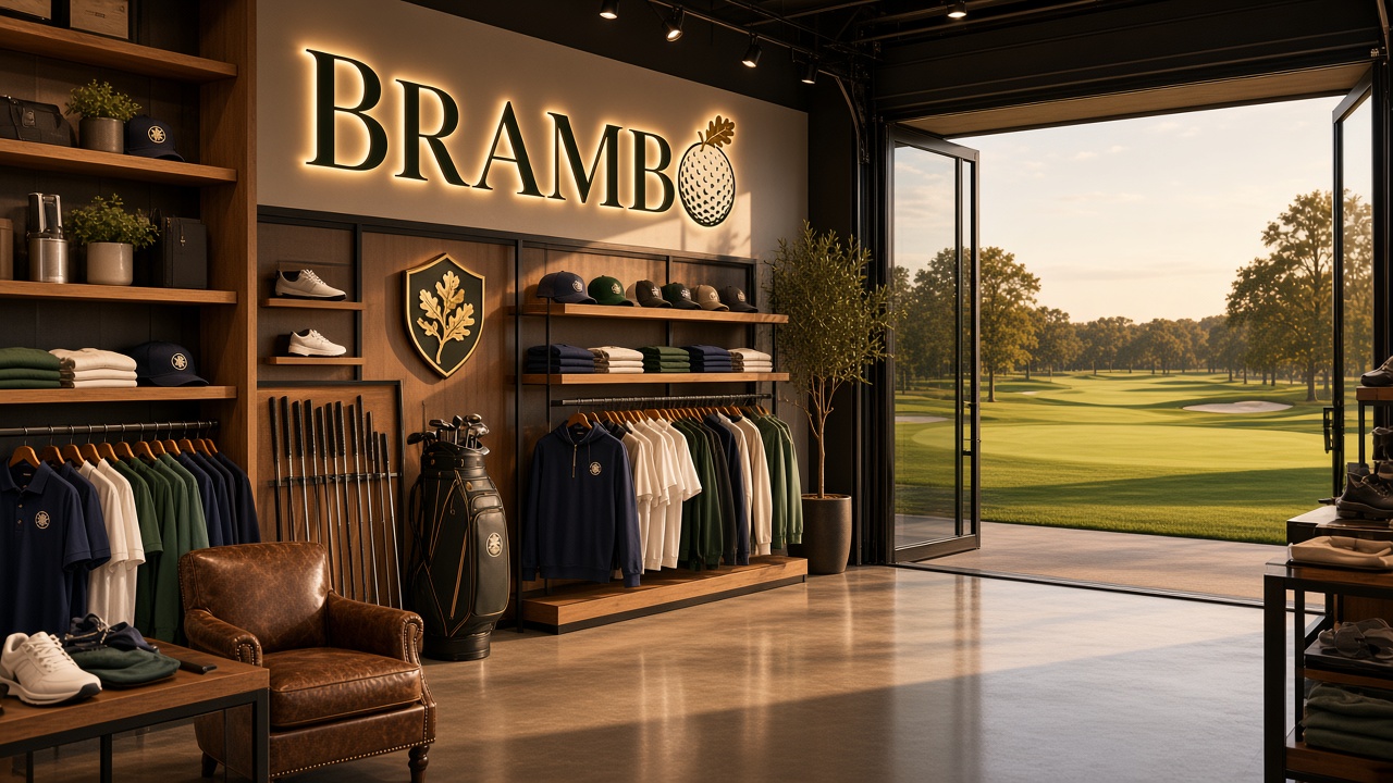 A pro shop with a lit BRAMBO wordmark, racks of caps and pullovers, and doors open onto the course