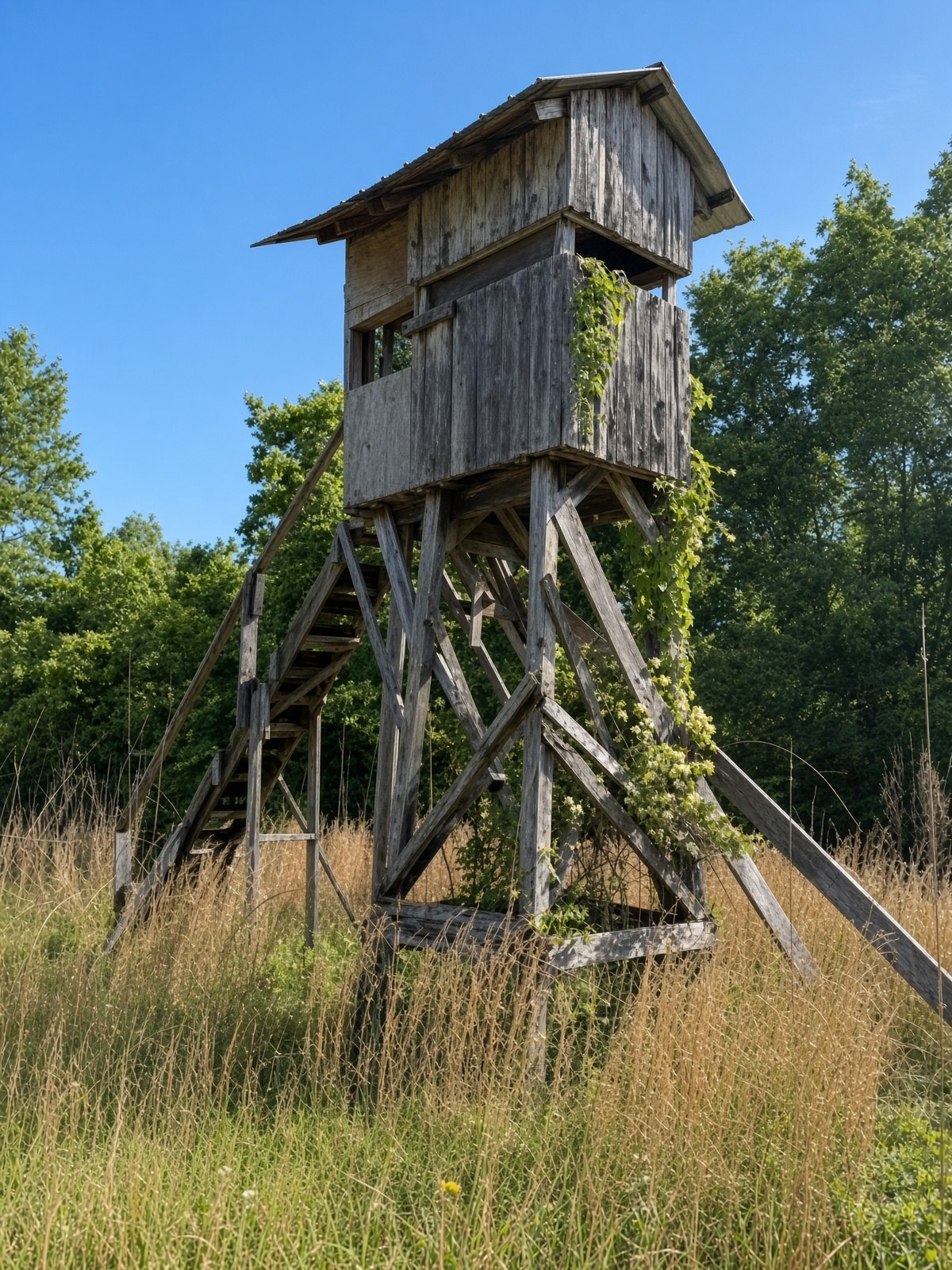 An old weathered timber hunting stand rising from tall grass