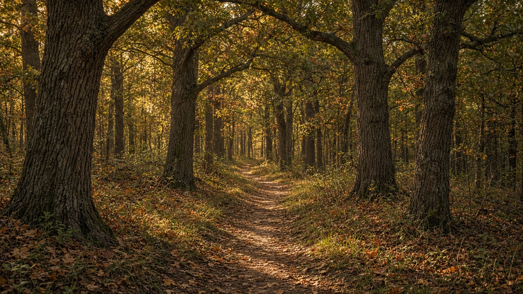 A narrow single-track hiking trail through close oaks and hardwoods